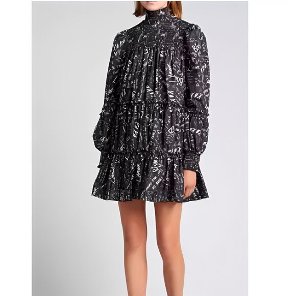 Cinq A Sept Rika Love Note Dress Size 8 Black Smocked Tiered Mini Preppy‎ LBD - Picture 1 of 11
